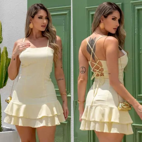 Vestido Curto Listrado Feminino Soltinho com Dois Babados Alça Fina Ajustável Casual Verão