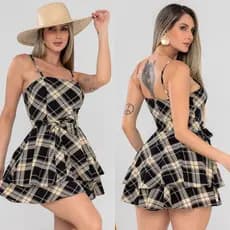 Macaquinho Feminino Xadrez Vestido Rodado com Laço Removível Alça Ajustável Festa Junina