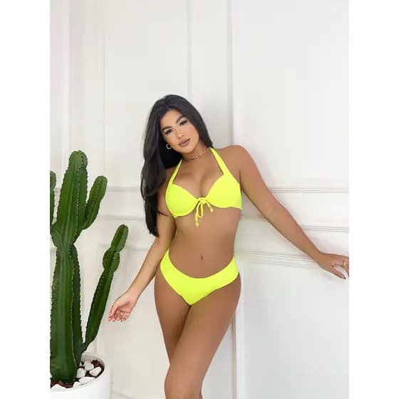 Biquini conjunto meia taça com bojo top busto reforçado calcinha empina bumbum  cintura alta moda praia piscina tecido Poliamida