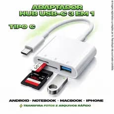 Adaptador leitor cartão de memória 3 em 1, SD, MicroSD e USB Tipo C, TF, OTG, conversor para Celulares, Tablets