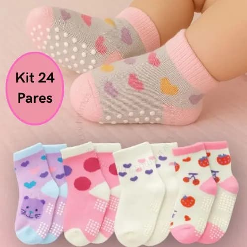Kit 24 Pares Meias Bebê Menina Antiderrapante Confortável