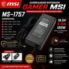 Carregador Notebook Gamer MSI MS-1757 19.5V 6.15A 120W Pino 5.5x2.5mm Bivolt Compatível GE62 GE72 GP62 GL62