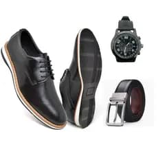Kit Sapato Casual Masculino Oxford Cinto + Relogio  Couro Preto Marrom Sapatenis Couro Sintetico Festa Trabalho