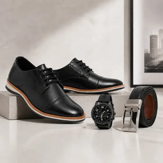 Kit Sapato Social Masculino Oxford Elegante Casual Moderno Relógio e Cinto Confortável Derby Brogue Moderno