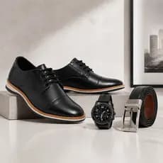 Kit Sapato Social Masculino Oxford Elegante Casual Moderno Relógio e Cinto Confortável Derby Brogue Moderno