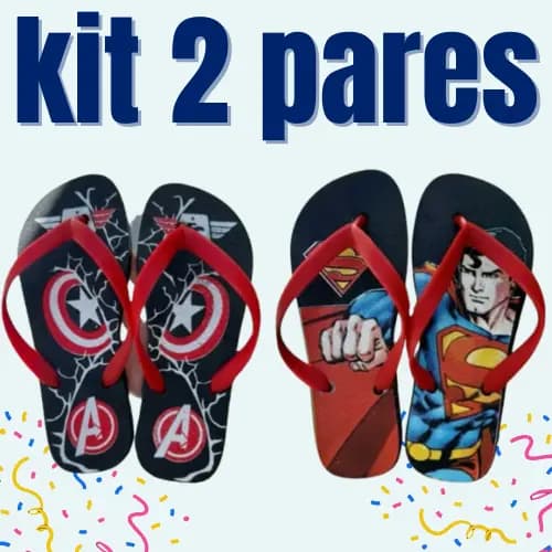 Kit 2 Pares de Chinelo Juvenil Masculino Personagens e Super heróis Promocao