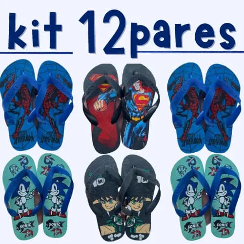 Kit 12 Pares de Chinelo Infantil Masculino Menino Super Heróis