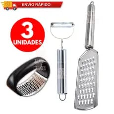 Kit 3 Utensílios Ralador De Legumes Queijo Descascador De Legumes Espremedor De Alho Aço Inox Cozinha Multiuso