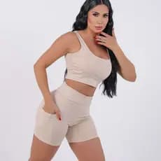 Conjunto academia fitness corrida short mais top cropped regata shot com bolso alta compressão