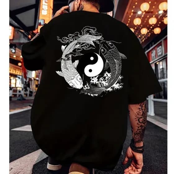 Blusa Masculina Yin & Yang Carpa Camiseta Básica Gola Redonda Lançamento
