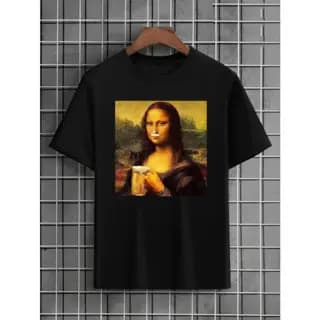 T-Shirt Feminina Monalisa Drink Camiseta Básica Gola Redonda Vintage Lançamento