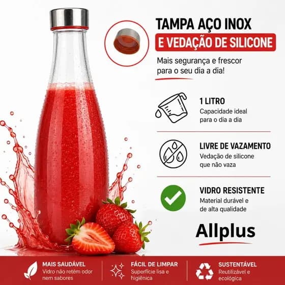 Garrafa De Vidro Transparente 1 litro para Geladeira Água Suco C/ Tampa Inox Perfeita Para sua Geladeira e Bebidas
