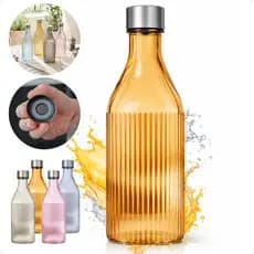 Garrafa De Vidro Scotch 1 Litro Quadrada Canelada Tampa Inox Água Suco Para Geladeira Amarela
