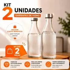 kIT 2 Garrafas De Vidro 1 Litro Quadrada Canelada Tampa Inox Água Suco Para Geladeira