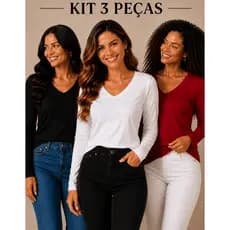 Kit 3 Blusas Feminina Manga Longa em Viscolycra Gola V T-Shirt Segunda Pele
