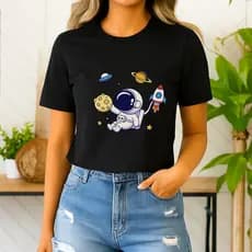 Camiseta Feminina Astronauta Foguete Moda Casual Moderna Tshirt Algodão Uso Diário
