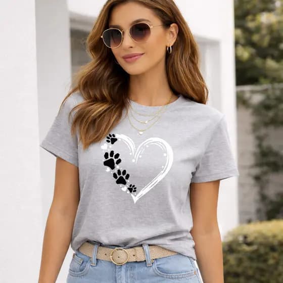 Camiseta Pet Amor Coração Casual Blusa Algodão Feminina Tecido Macio Gola Redonda