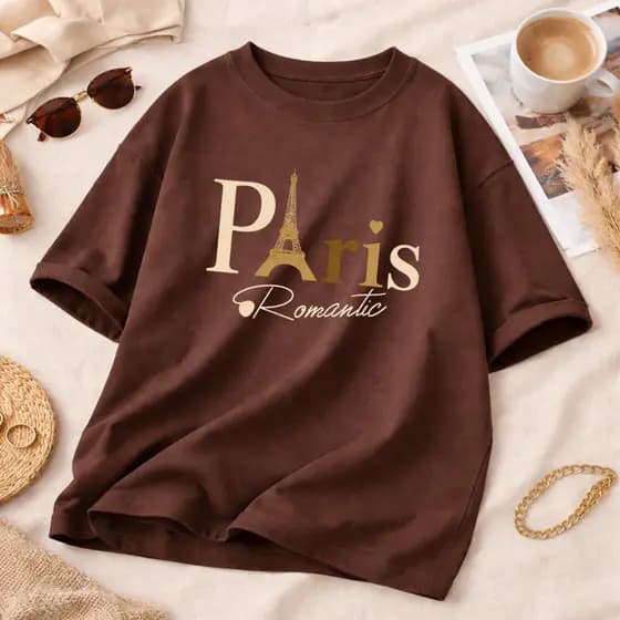 Camiseta Oversized Paris Romantic Blusa Algodão Manga Curta Camisa Gola Redonda Tendência Casual