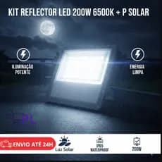 Refletor LED Solar 200W 6500K + Placa Solar c/ Controlador Apollo | Iluminação Externa Econômica