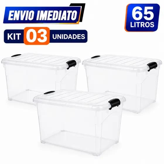 Kit Caixa Baú Organizadora 65L Transparente com Rodinhas e Travas