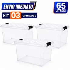 Kit Caixa Baú Organizadora 65L Transparente com Rodinhas e Travas