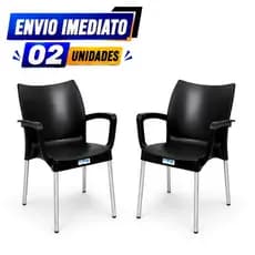 Kit Cadeira Poltrona Plastica Preta Com Braços e Pés em Aluminio Injeplastec P/ 120KG