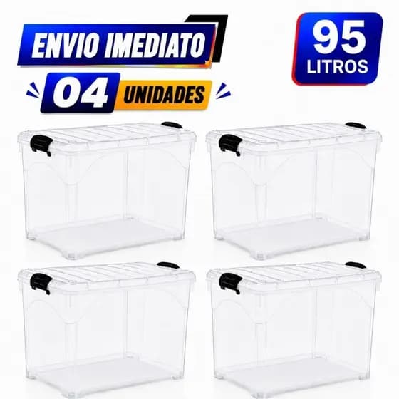 Caixa Baú Organizadora 95L Grande Transparente com Rodinhas e Travas