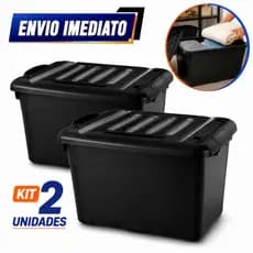 Kit 2 Caixa Organizadora Grande 95L com Tampa, Travas e Rodinhas – Preta