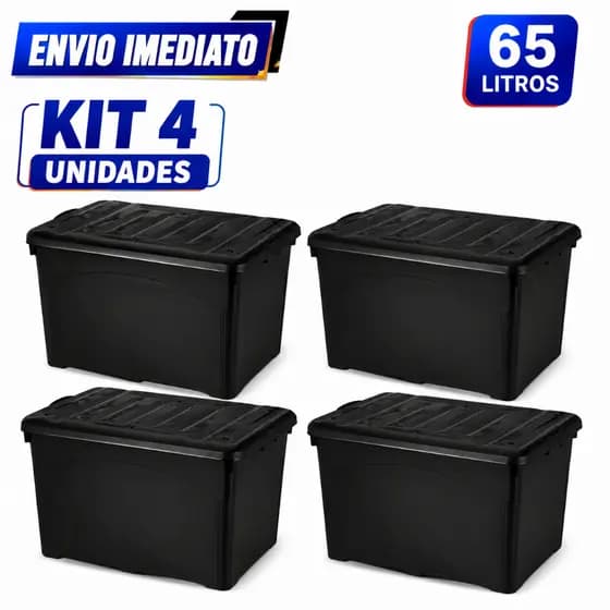 Kit Baú Organizador 65L com Tampa Alças, Travas e Rodinhas Tipo Contener- PRETA