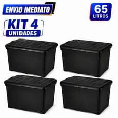 Kit Baú Organizador 65L com Tampa Alças, Travas e Rodinhas Tipo Contener- PRETA