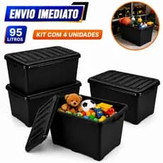 Kit Caixa Organizadora Grande 95L com Tampa, Travas e Rodinhas – Preta