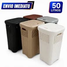 Cesto Rattan 50L com Tampa Organizador de Roupas Lavanderia Banheiro Quarto