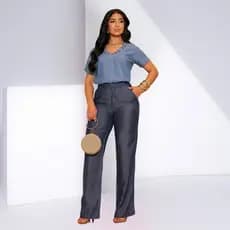 Conjunto Feminino Alfaiataria Elegante Calça e Blusa Bordada Decote V- 99017