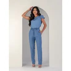 Conjunto Feminino Alfaiataria Calça  Elástico e Blusa com Babados Jeans Liocel-99018