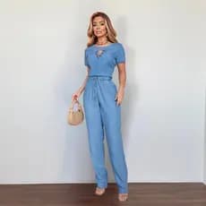 Conjunto Feminino Calça E Blusa Jeans Verão Tencel Liocel - 99016