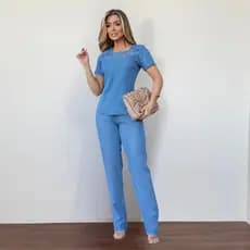 Conjunto Feminino Calça Reta com Elástico e Blusa Bordada Manga Curta Jeans Tencel-99015