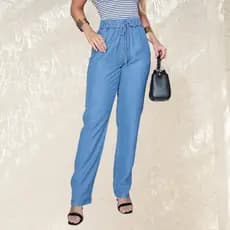 Calça Jeans Feminina Cintura Alta sem lycra Reta Tencel Liocel Elástico na cós 10694
