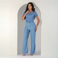 Conjunto Feminino Alfaiataria Jeans Tencel Calça e Blusa Manga Curta Bordada -99014