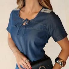 Blusa Feminina Estilosa Verão Manga Curta Jeans Tencel com Bordados