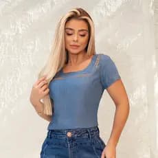 Blusa Feminina Manga Curta Jeans Liocel Decote Quadrado Bordados 50740