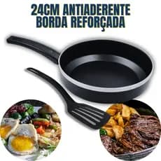 Frigideira Antiaderente 24cm Dakasa Tampa de Vidro Temperado Espatula de Nylon Cor Preta e Cereja