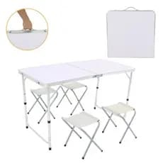 Kit Mesa Dobrável Portátil Vira Maleta Camping Churrasco 120X60cm com 4 Banquinhos Dobráveis Brancos