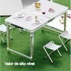 Kit Mesa Dobrável Portátil Vira Maleta Camping Churrasco 120X60cm com 4 Banquinhos Dobráveis Brancos
