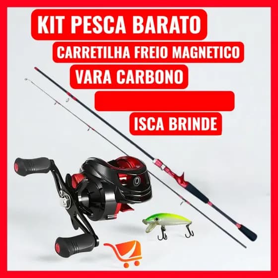 KIT PESCA Barato Carretilha 19 Rol Freio Magnético + Vara  1,50m + ISCA