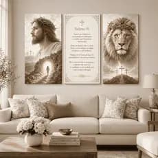 Quadro Salmo 91 Jesus Cristo e Leão Decorativo Religioso Proteção Divina Kit 3 Sala
