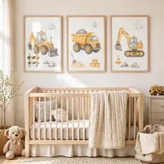 Quadro Infantil Obras Construção Caminhão Escavadeira Decorativo Quarto Bebê Menino Kit 3