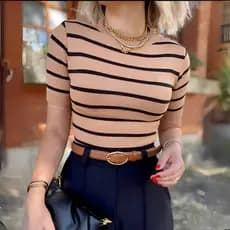 Blusa Feminina Listrada Alta Elasticidade Modal Verão Manga Curta
