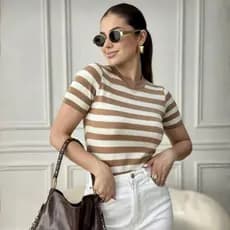 Blusa Verão Listrada Modal Premium Alta Elasticidade Manga Curta