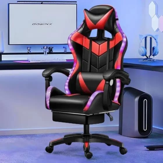 CADEIRA DE GAMER COM RGB Giratório Vermelho e Preto Com Apoio de Pés e Controle de RGB