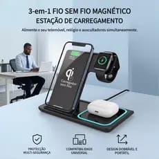 Carregador 3 em 1 Magnético Sem Fio, Estação Rápida Dobrável para iPhone/Android, Apple Watch AirPods Fones de ouvido BT